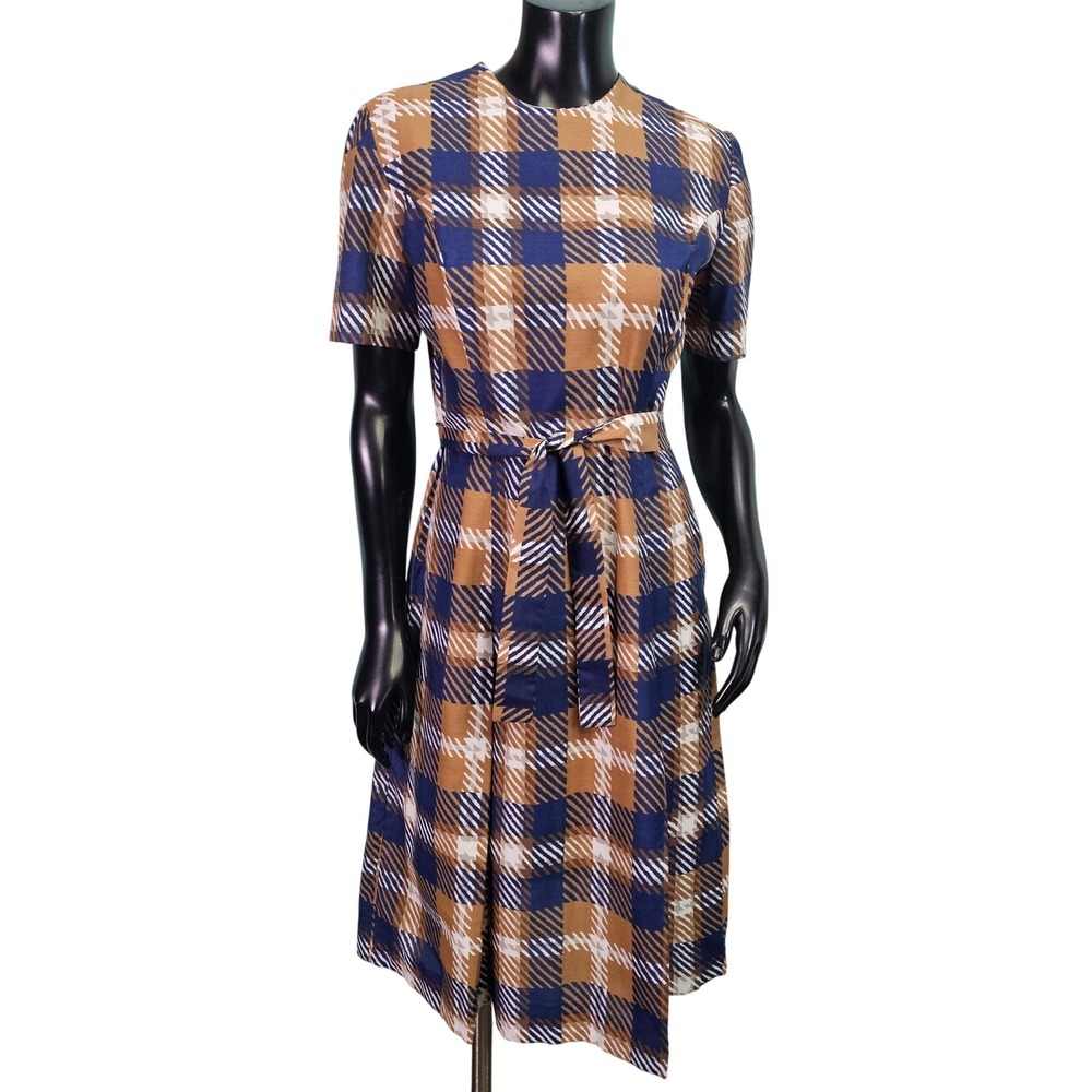 Vintage Joan Curtis Plaid Midi Dress Navy Blue Tan Belted Short Sleeve 60s 70s